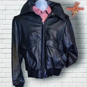 VINTAGE 1970's Black Faux Leather Biker Bomber Jacket